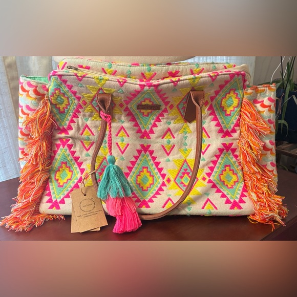 Maisha Handbags - Boho Fringe Tote Bag with Neon Diamond Pattern